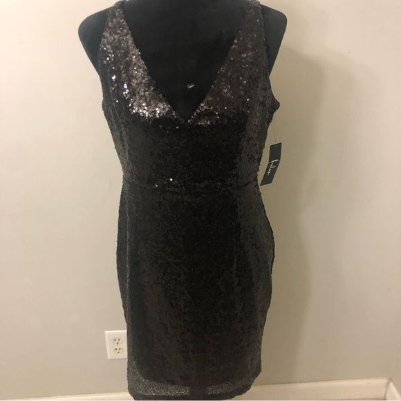 Lulu’s Black Sequin Dress BodyCon Mini Sexy Low Cut V Neck Cocktail Party dress - Picture 4 of 9